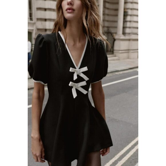 ZARA MINI DRESS WITH CONTRAST BOWS - Picture 1 of 6
